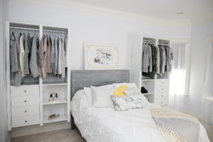 crisp and clean white bedroom and closets, spring shopping