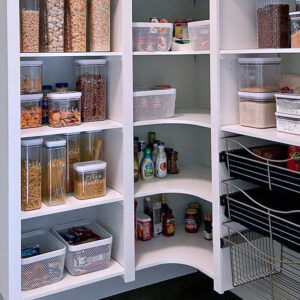 Close up of rounded corner shelves in a kitchen pantry
