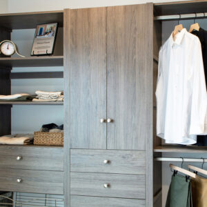 Upper doors above drawers in a mens closet