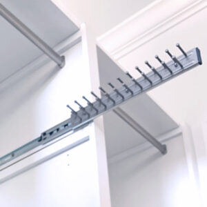 Glide-out tie rack in nickel finish with prongs for holding ties